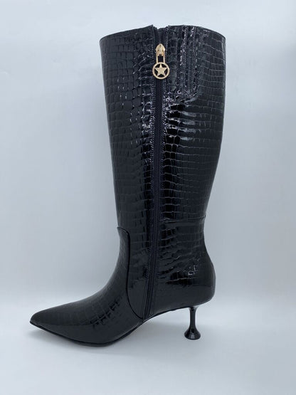 Black Embossed Mid Calf Boot with Kitten Heel