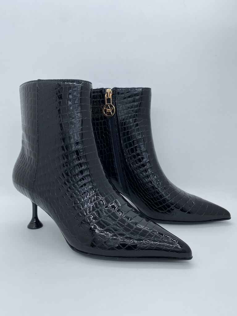 Black Embossed Ankle Boots with Kitten Heel