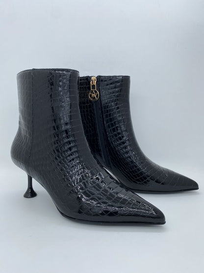 Black Embossed Ankle Boots with Kitten Heel