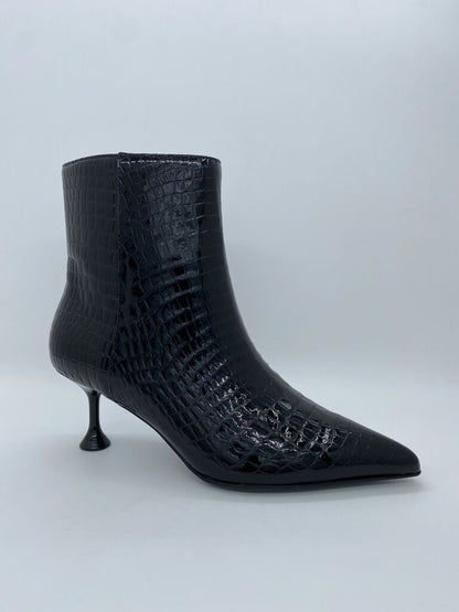 Black Embossed Ankle Boots with Kitten Heel