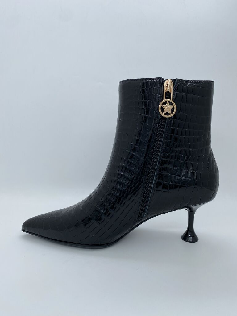Black Embossed Ankle Boots with Kitten Heel