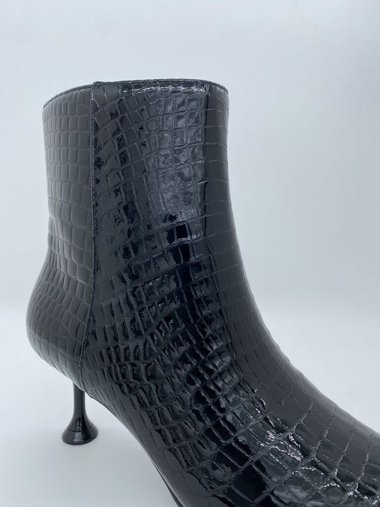 Black Embossed Ankle Boots with Kitten Heel