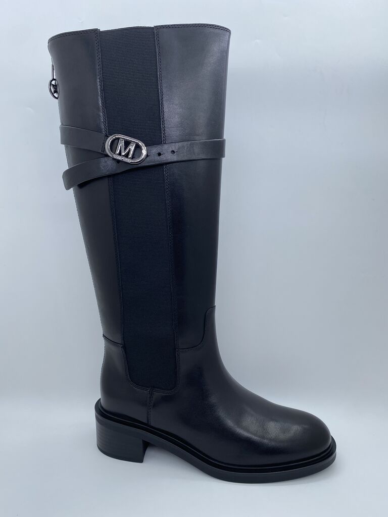 Black Knee-High Boot with Decorative Emblem