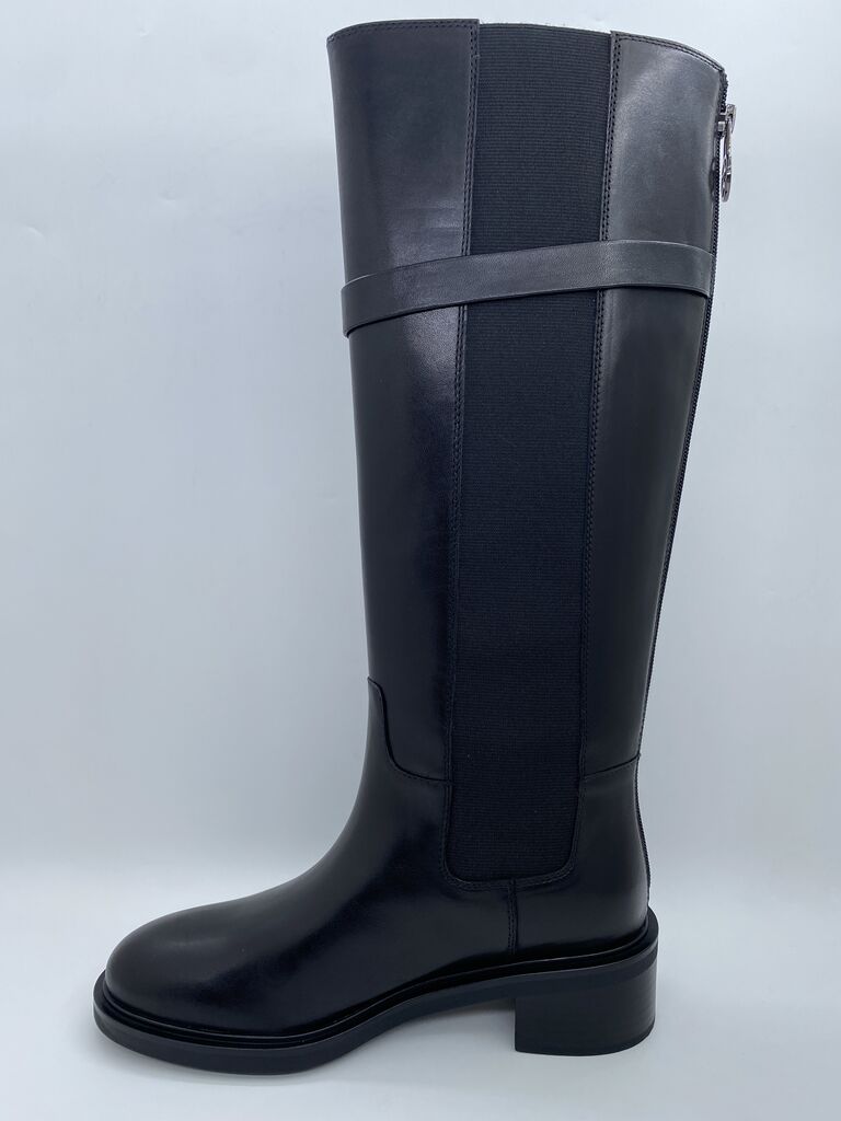 Black Knee-High Boot with Decorative Emblem