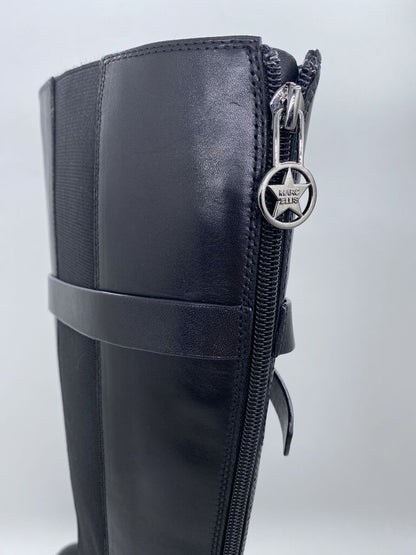 Black Knee-High Boot with Decorative Emblem