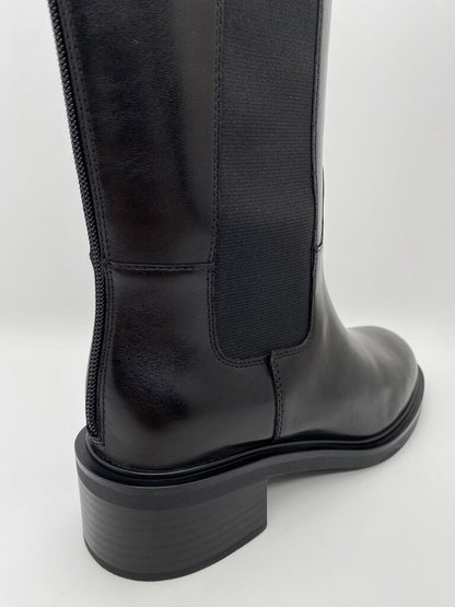 Black Knee-High Boot with Decorative Emblem