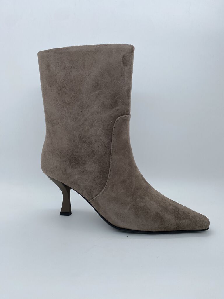 Taupe Suede Mid-Calf Boots with Kitten Heel