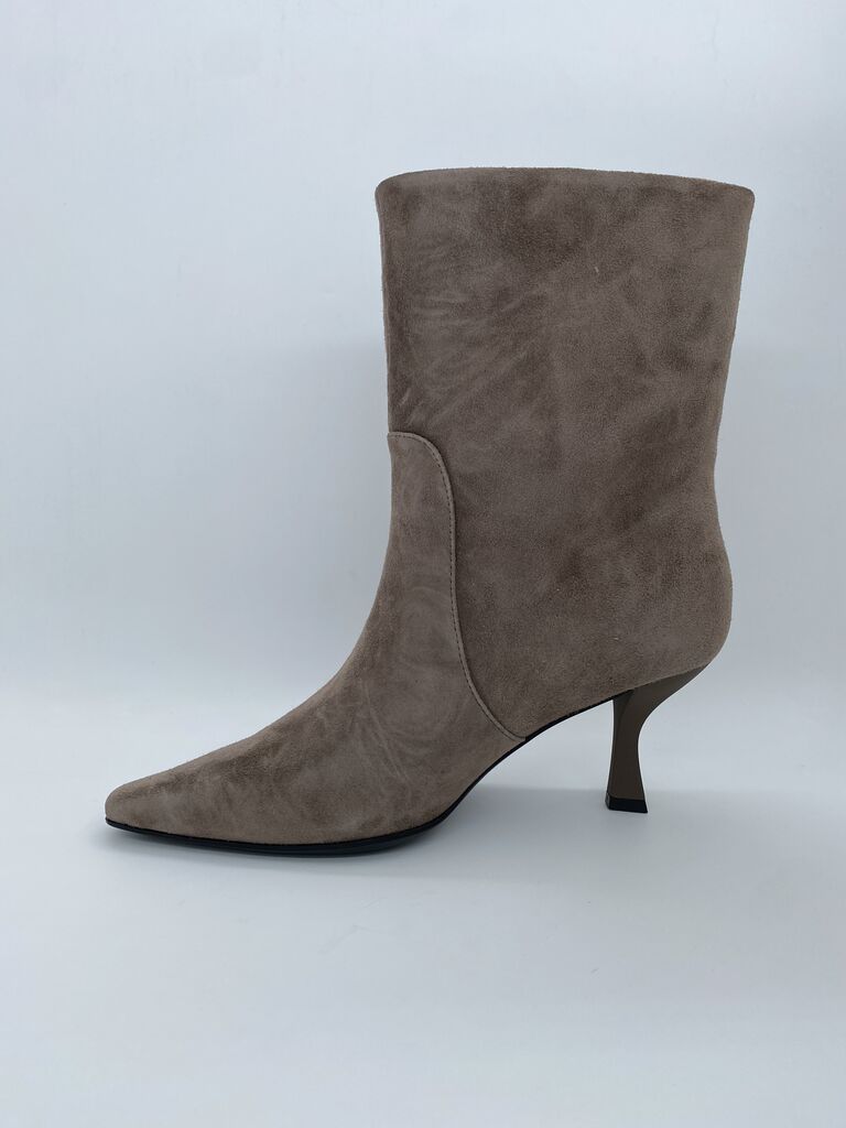 Taupe Suede Mid-Calf Boots with Kitten Heel