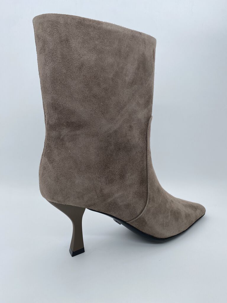 Taupe Suede Mid-Calf Boots with Kitten Heel