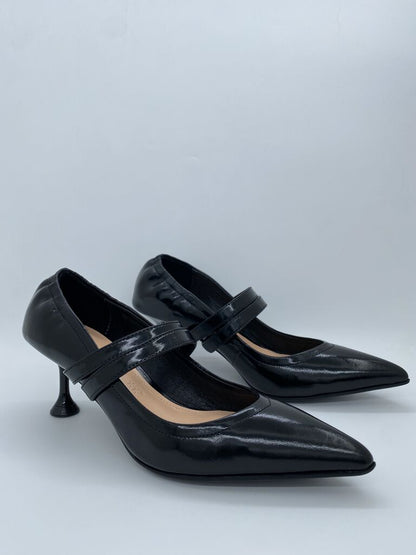 Black Patent Pointed Heels with Mary Jane Strap