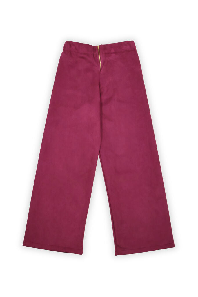 Berry Suede Wide-Leg Trousers with Zipper Detail