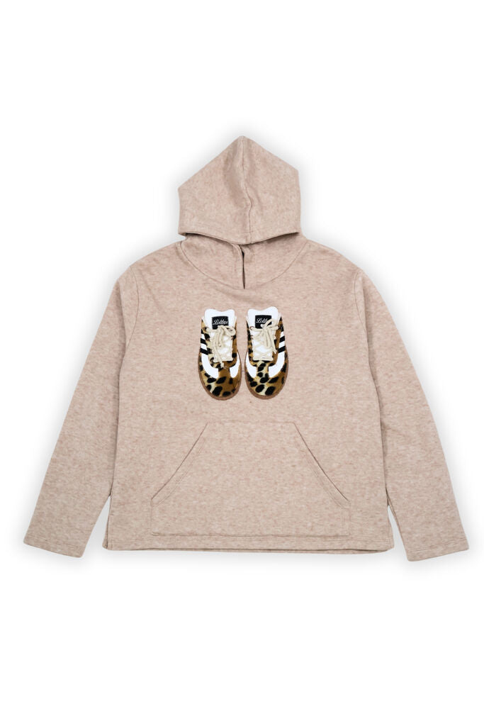 Beige Logo Print Hoodie with Kangaroo Pocket