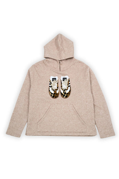 Beige Logo Print Hoodie with Kangaroo Pocket