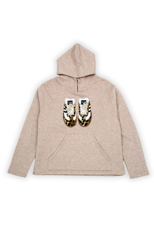 Beige Logo Print Hoodie with Kangaroo Pocket