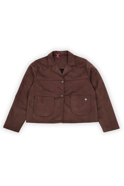Brown Suede Boxy Jacket with Front Pockets