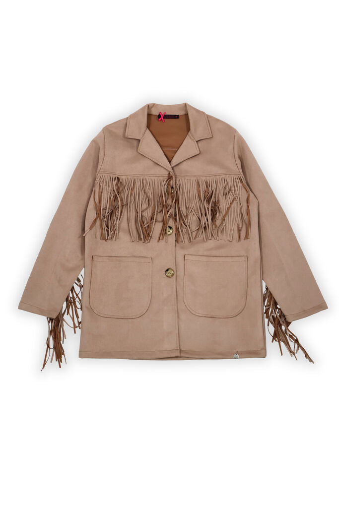 Beige Fringe-Accent Jacket with Pockets