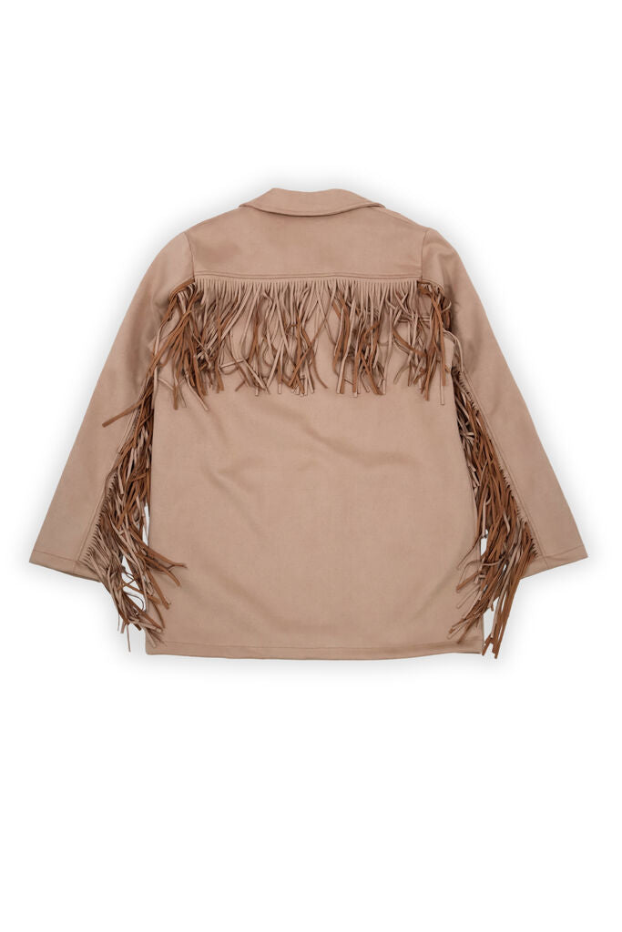 Beige Fringe-Accent Jacket with Pockets