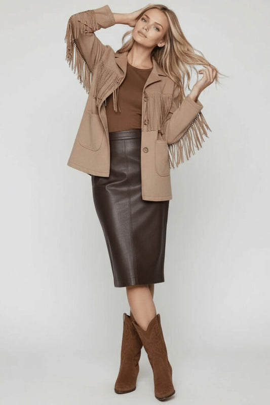 Beige Fringe-Accent Jacket with Pockets