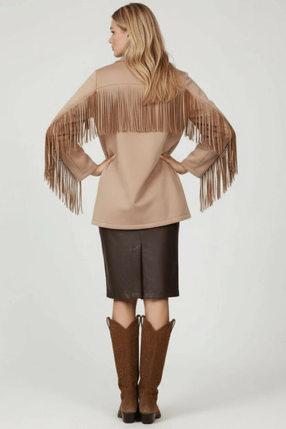Beige Fringe-Accent Jacket with Pockets