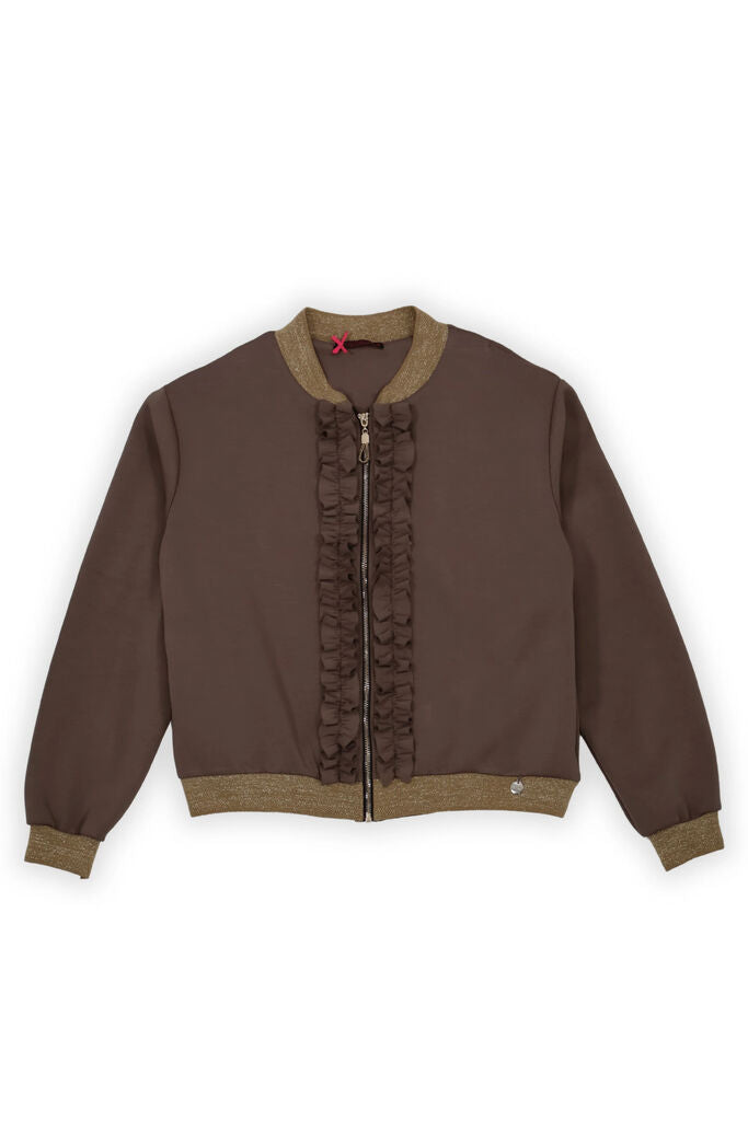 Brown Ruffled Bomber Jacket with Metallic Trim