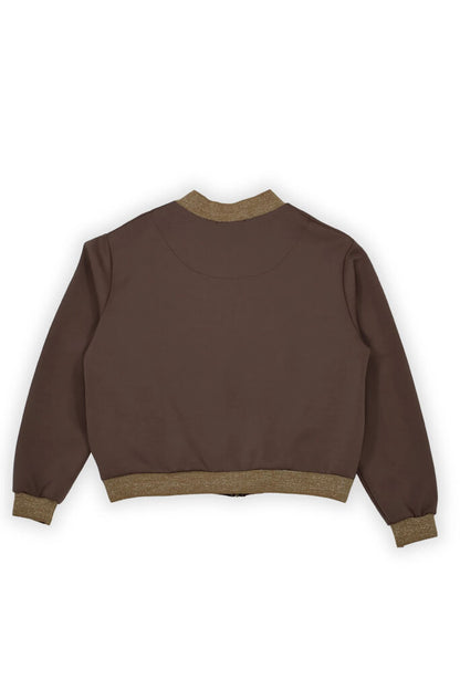 Brown Ruffled Bomber Jacket with Metallic Trim