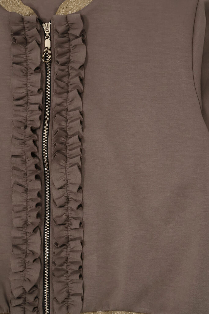 Brown Ruffled Bomber Jacket with Metallic Trim