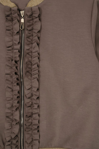 Brown Ruffled Bomber Jacket with Metallic Trim