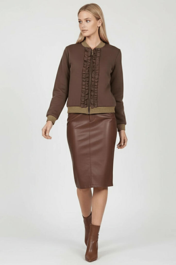 Brown Ruffled Bomber Jacket with Metallic Trim