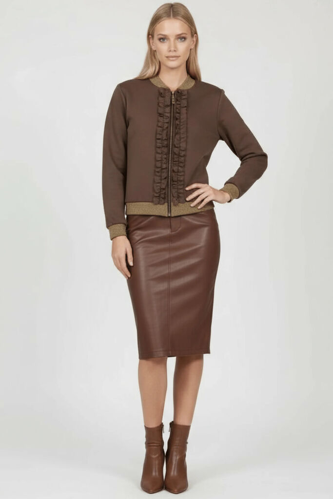 Brown Ruffled Bomber Jacket with Metallic Trim