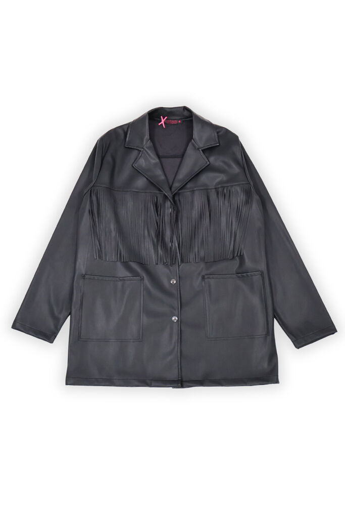 Black Faux Leather Jacket with Fringe Detailing