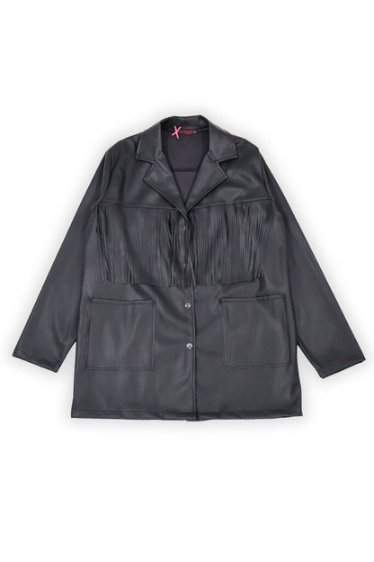 Black Faux Leather Jacket with Fringe Detailing