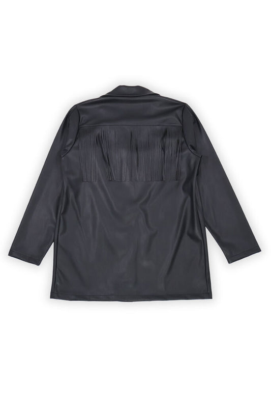 Black Faux Leather Jacket with Fringe Detailing