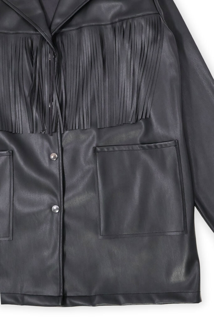 Black Faux Leather Jacket with Fringe Detailing