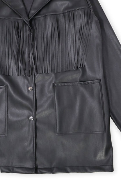 Black Faux Leather Jacket with Fringe Detailing
