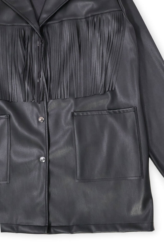 Black Faux Leather Jacket with Fringe Detailing