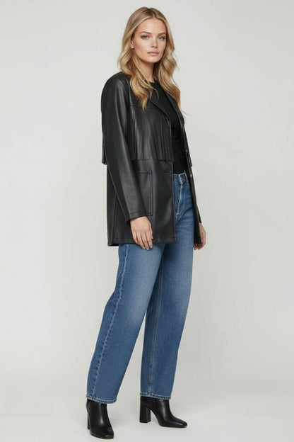 Black Faux Leather Jacket with Fringe Detailing