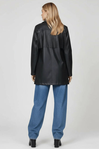 Black Faux Leather Jacket with Fringe Detailing