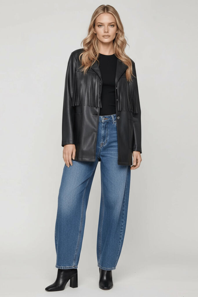 Black Faux Leather Jacket with Fringe Detailing