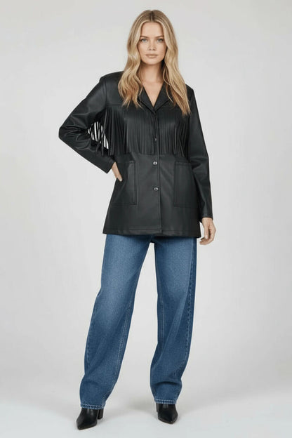 Black Faux Leather Jacket with Fringe Detailing