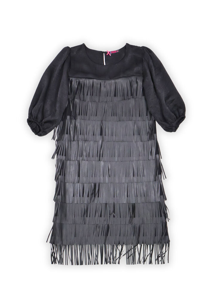 Black Fringe Dress with Voluminous Sleeves