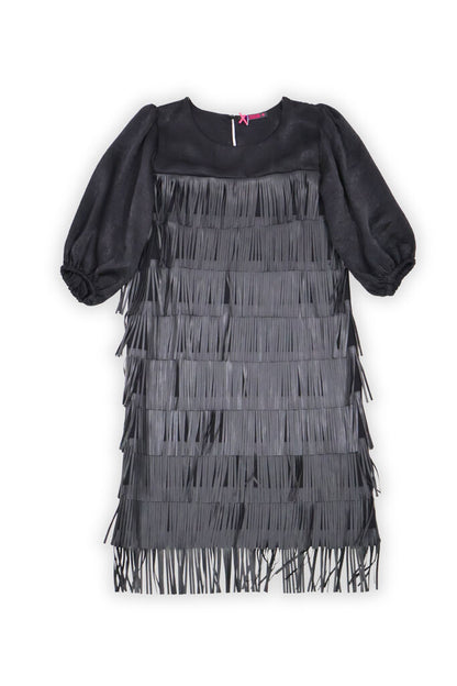 Black Fringe Dress with Voluminous Sleeves