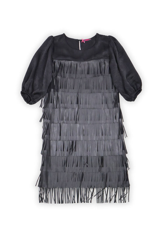 Black Fringe Dress with Voluminous Sleeves