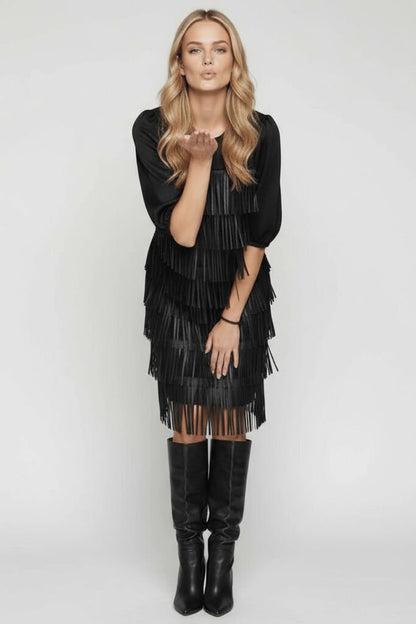 Black Fringe Dress with Voluminous Sleeves