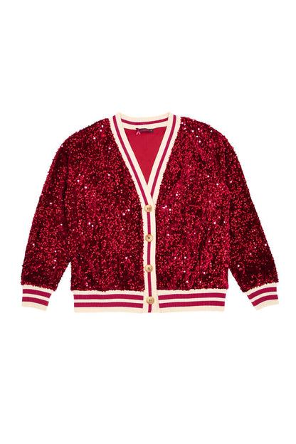 Red Sequin Cardigan with Striped Accents