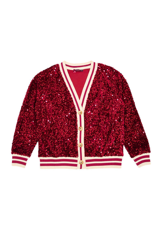 Red Sequin Cardigan with Striped Accents