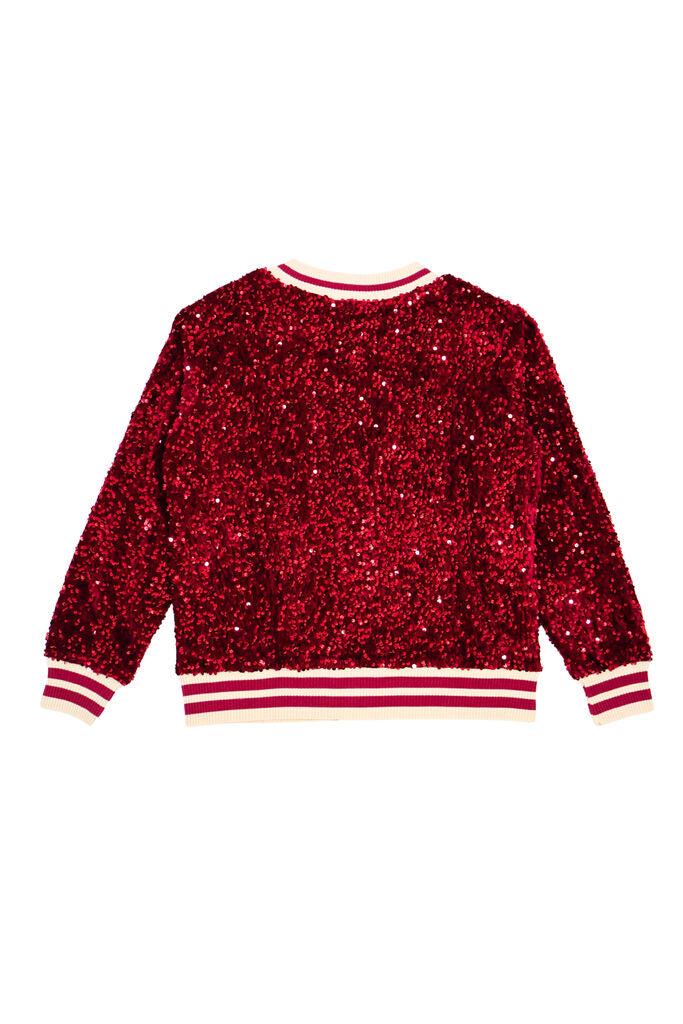 Red Sequin Cardigan with Striped Accents