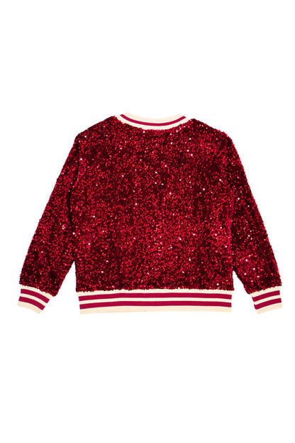 Red Sequin Cardigan with Striped Accents