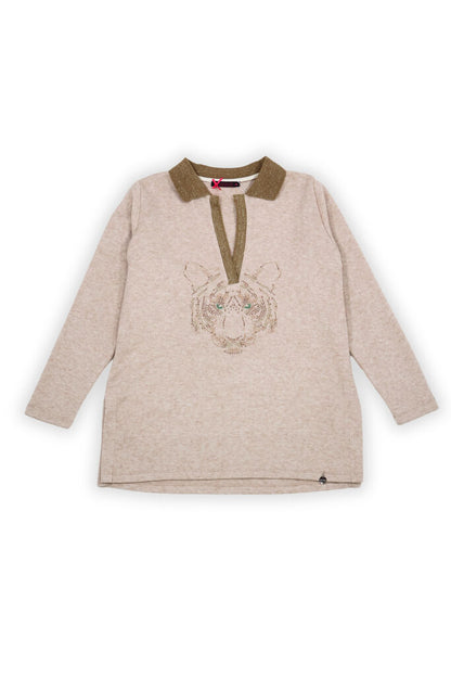 Beige Knit Long Sleeve Tunic with Embroidered Detail