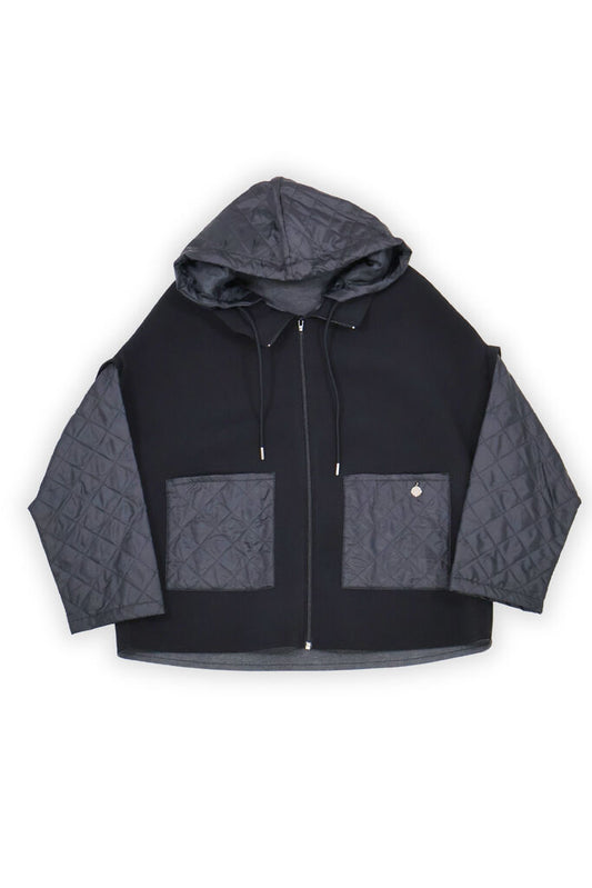 Black Quilted Hooded Jacket with Patch Pockets