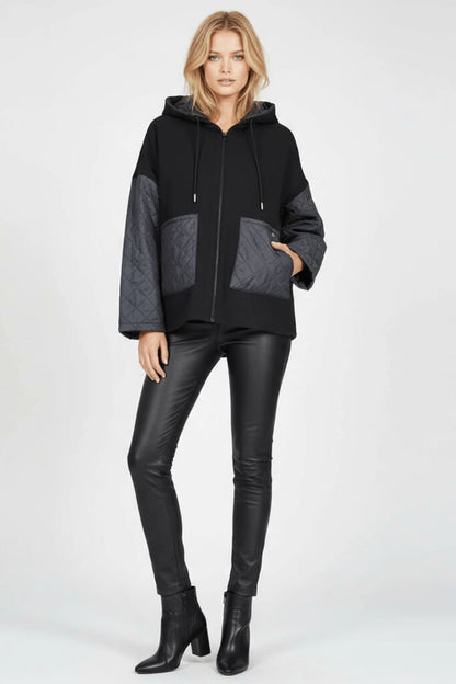 Black Quilted Hooded Jacket with Patch Pockets